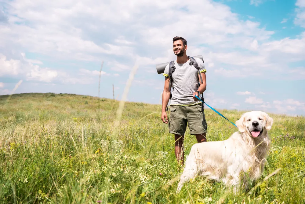 man wandelt in natuur met hond